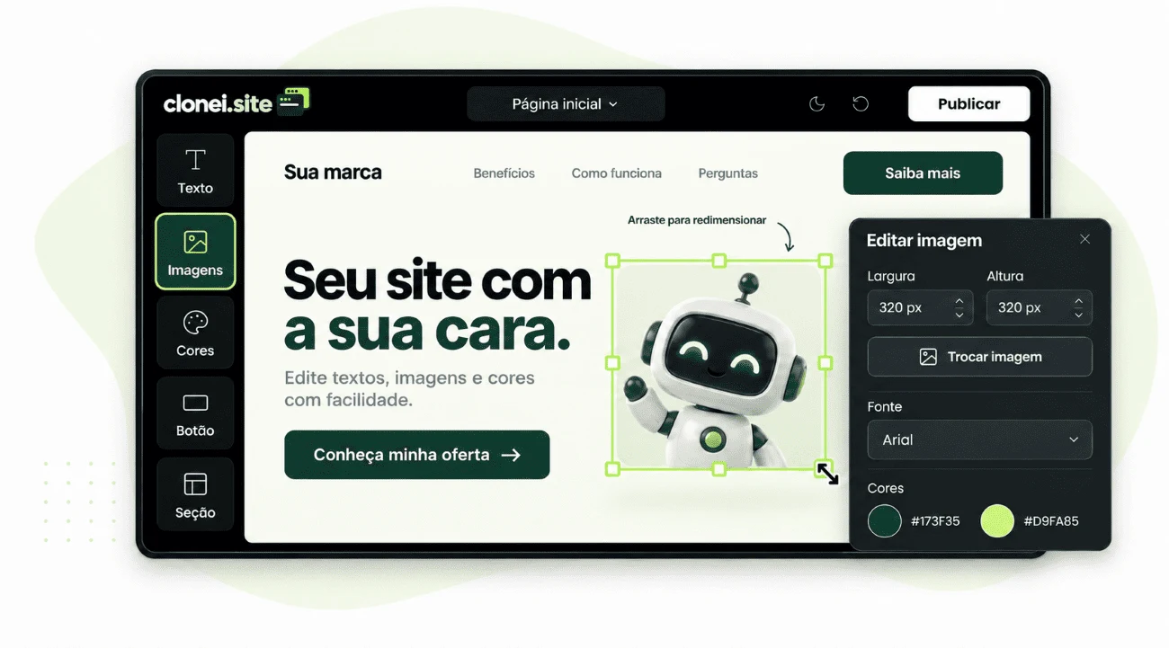 Ilustração do Clonei.site com uma página aberta e controles para editar textos, imagens e cores